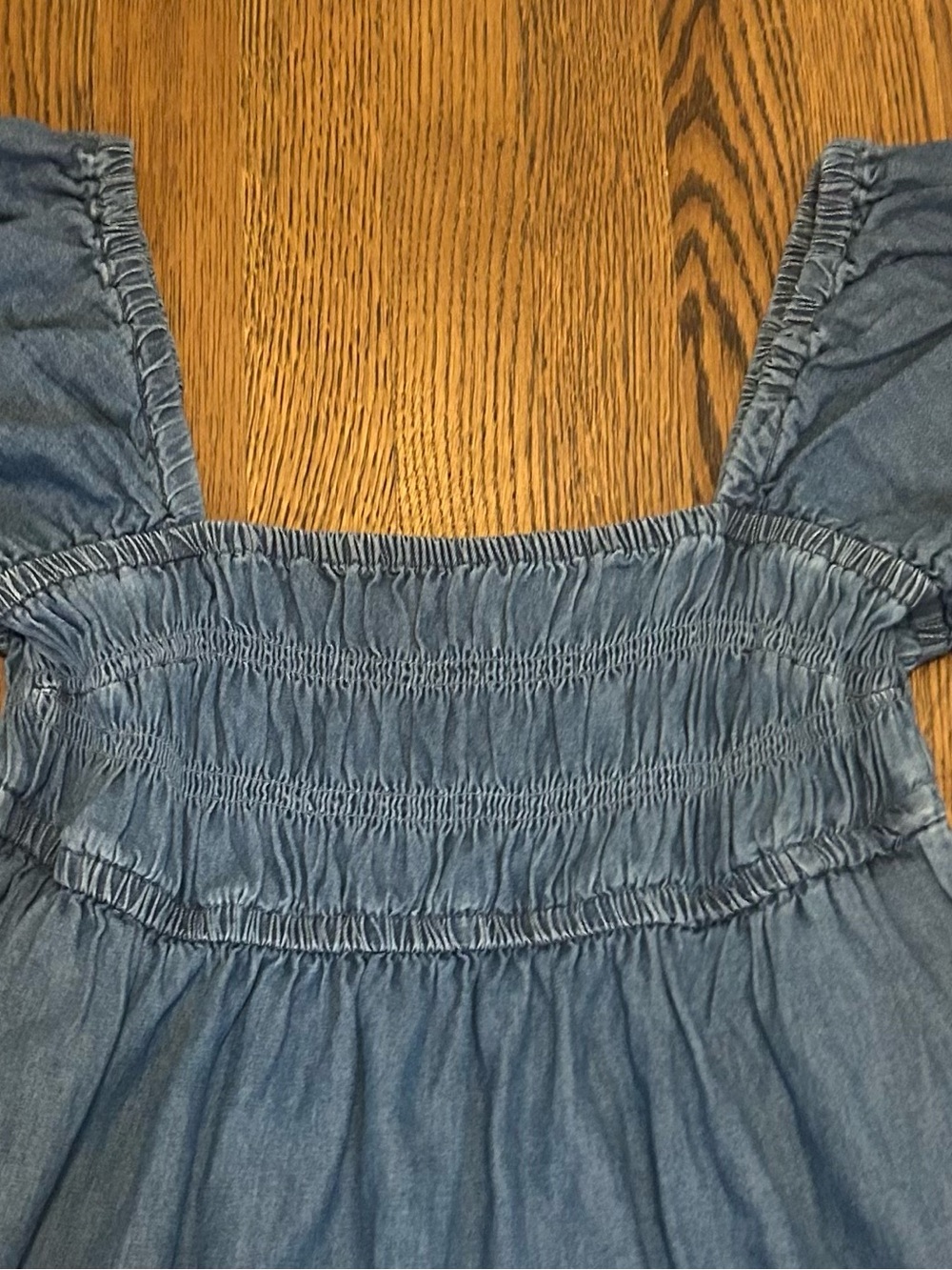 Smocked Square-Neck Mini Dress in denim with puff sleeves and pockets - Picture 12 of 12